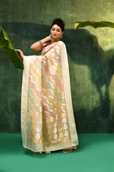'Dhara' Ivory Pure Kora Organza Rangkat Banarasi Handloom Saree